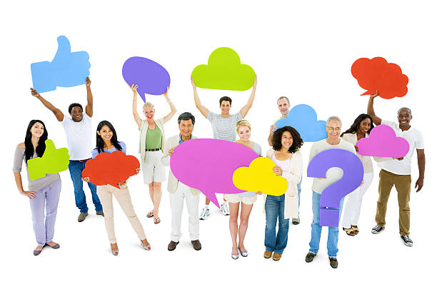istock Group Of Happy Multi-Ethnic People Holding Colorful Empty Speech 486100417