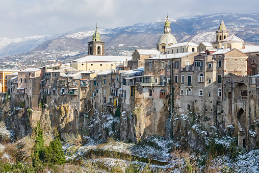 The fortified city of Sant'Agata de' Goti after a light a snow fall. Province of Benevento. Campania. Italy.
