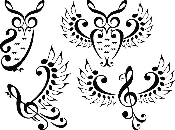 music bird and owl, vector set music owl and flying bird made of musical notes, vector set conceptional stock illustrations