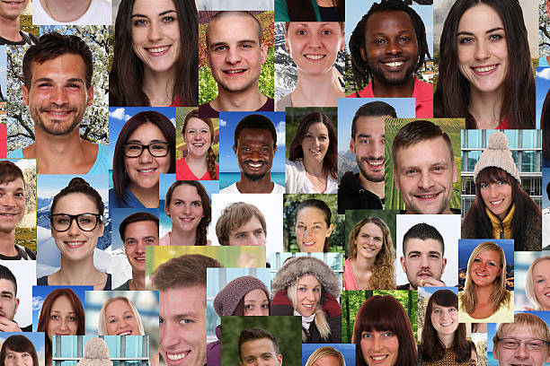 istock Background collage group of multiracial young smiling people 486104346