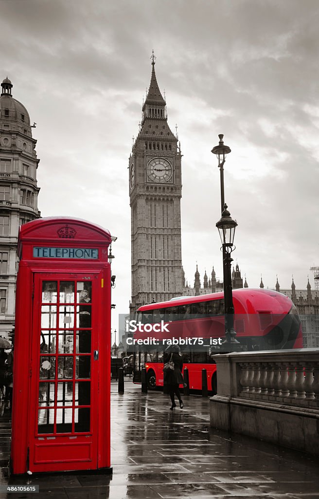 London street Red telephone box and Big Ben in Westminster in London. Black And White Stock Photo