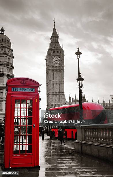 London Street Stock Photo - Download Image Now - Black And White, Big Ben, Red