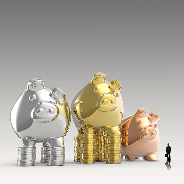 istock businessman looking at 3d piggy bank standing 486110347