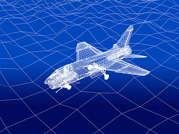 istock 3D wireframe of warplane flies over a sea 486110533