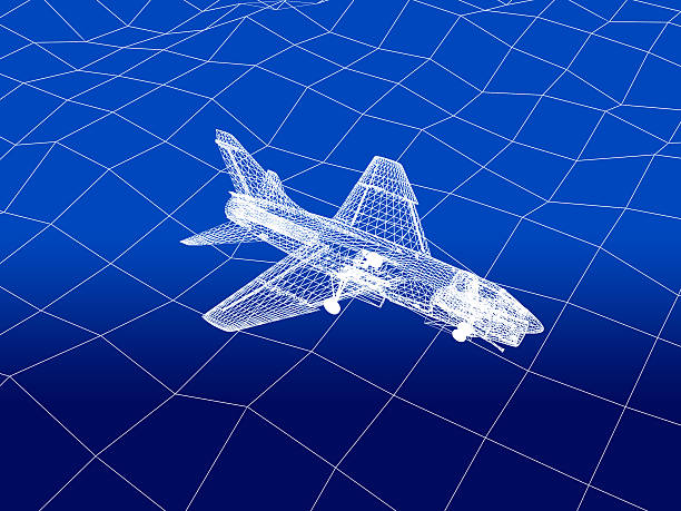istock 3D wireframe of airplane flies over a sea 486110539