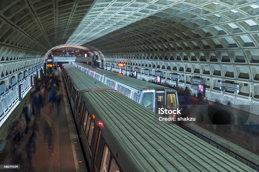 Metro trains Two trains stop for passengers at metro stop in interesting architecturally designed underground tunnel at Union Station in Washington D.C.  Washington DC Stock Photo