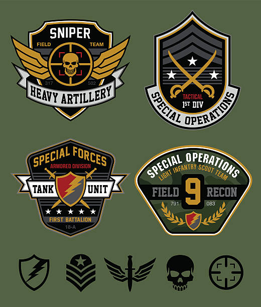 illustrazioni stock, clip art, cartoni animati e icone di tendenza di operazioni speciali militare set di patch - tank top