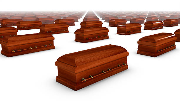 Diagonal view of wood coffin stock photo