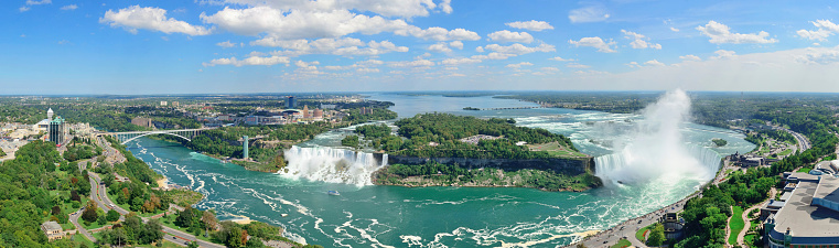 Niagara Falls aerial view panorama with blue sky and cloud