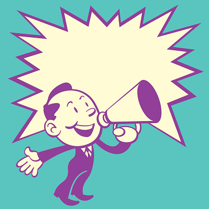 Retro Style of cute business man make announcement with a red speaker. Come with a big star speech bubble for text area.