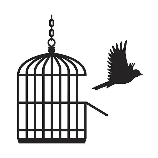 Vector illustration of Bird flying from open birdcage - VECTOR