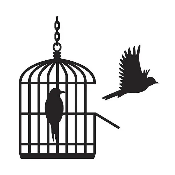 Vector illustration of Birds in open birdcage - VECTOR