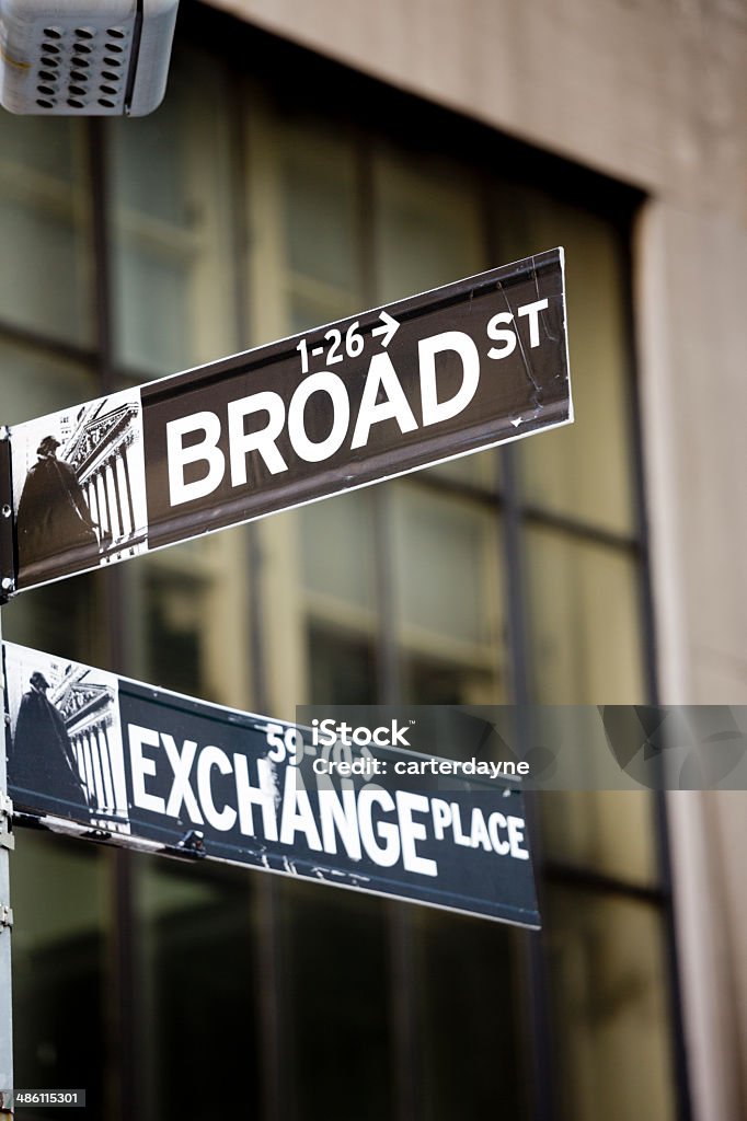 Wall Street Exchange Place Lower Mahattan New York City Wall Street, the famous place in downtown New York in the financial district.  Urban Scenes of the city and Manhattan, New York City, New York, USA. 2000-2009 Stock Photo