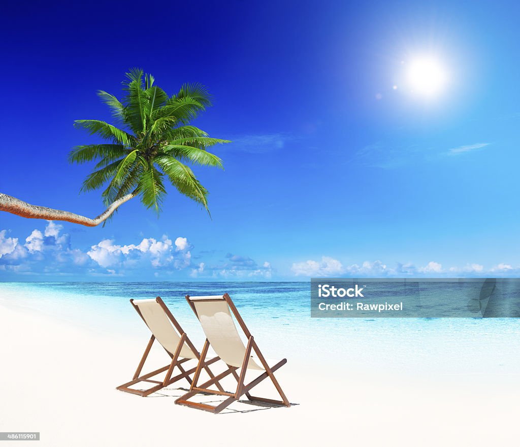 Paradise Beach for Relaxation with Palm Trees and Beach Chairs Beach Stock Photo