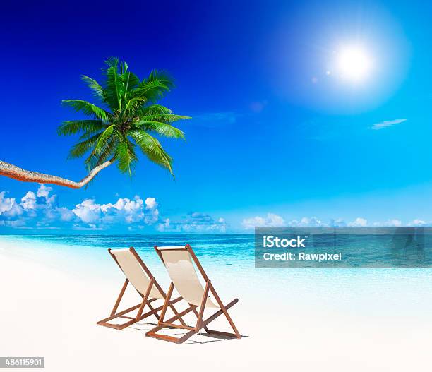 Paradise Beach For Relaxation With Palm Trees And Beach Chairs Stock Photo - Download Image Now