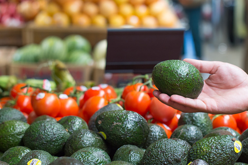 A shopper selects an avocado in a grocery store.