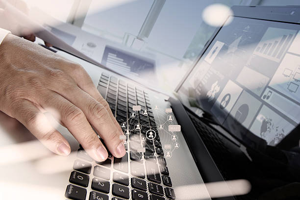 istock Double exposure of businessman hand working 486119848