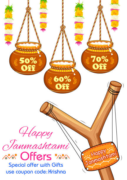 Happy Janmashtami illustration of hanging dahi handi sale on Janmashtami background mahabharata stock illustrations