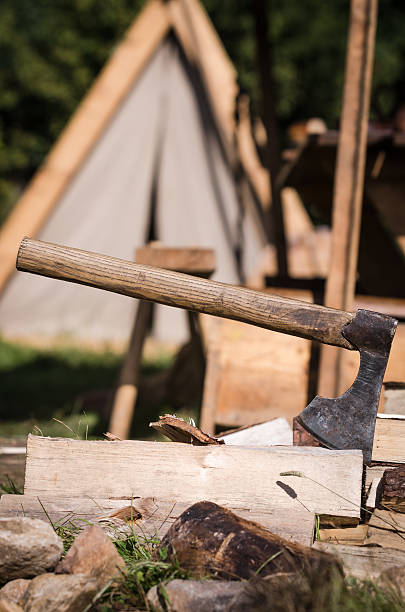 istock Axe impaled in log and fragments 486125448