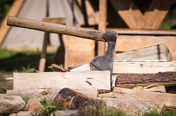 istock Axe impaled in log and fragments 486125450