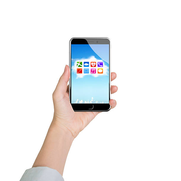 istock Female hand holding smartphone with app icons white cloud 486125560
