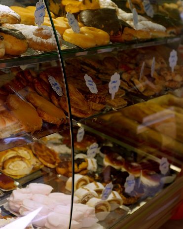 Glass case of pastries in Cadiz, Spain.