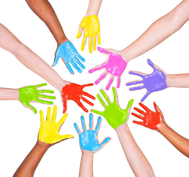 istock Multi-Ethnic Arms Raised and Colorful Painted Hands 486126801