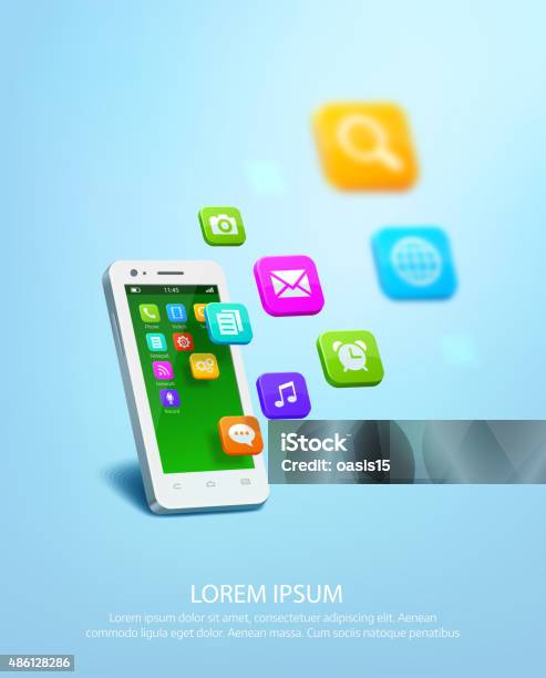 White Smartphone With Cloud Of Application Colorful Icons Stock Illustration - Download Image Now