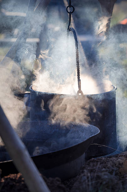 istock Steaming pot with food heated on the fire 486128522