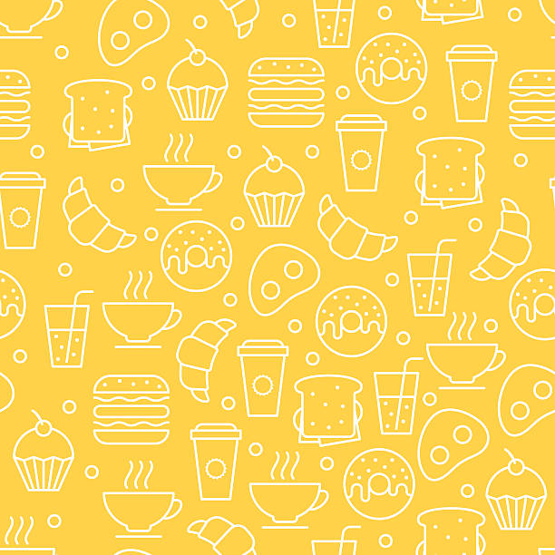 ilustrações de stock, clip art, desenhos animados e ícones de vector sem costura padrão linear simples alimentos. ilustração de pequeno-almoço - coffee fried egg breakfast toast