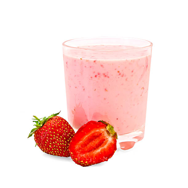 istock Milk shake with whole strawberries and cut 486136327