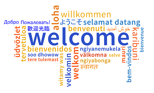 Welcome text in large letters central, with smaller multi-language text (meaning the same) all around. All words start with lower case letters. Clean and simple design. 