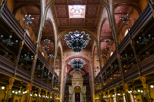 Wide-angle view of Budapest Great Synagogue (Dohány Street Synagogue - 1854-1859), the largest synagogue in Europe and one of the largest in the world.
