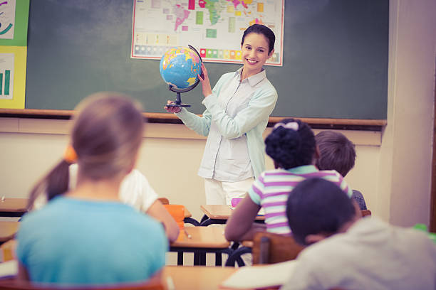 Pupils listening to their teacher holding globe