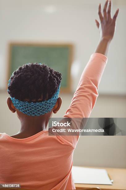 Rear View Of Pupil Raising Hand In A Classroom Stock Photo - Download Image Now - 2015, 8-9 Years, African Ethnicity