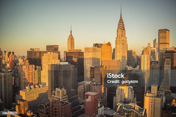 New York City Aerial View At Sunrise Stock Photo - Download Image Now - Aerial View, Chrysler Building, Architecture