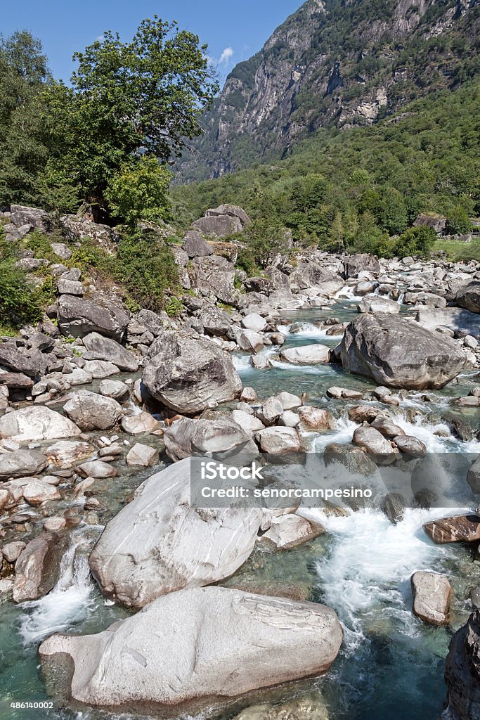 Little mountain river Bavona River in the same-named valley near Fontana (Canton of Ticino, Switzerland). The Bavona Valley is a side valley of the Maggia Valley. 2015 Stock Photo