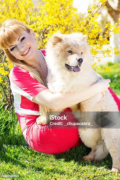 Girl With Her Dog On The Nature Stock Photo - Download Image Now - Adult, Agricultural Field, Animal