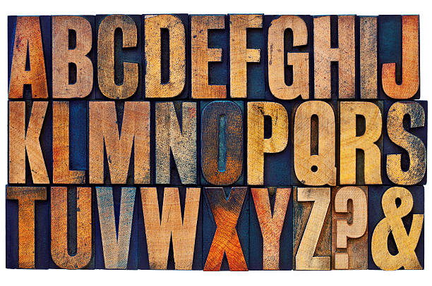 alphabet in letterpress wood type blocks 26 letters of English alphabet, question mark and ampersand - vintage letterpress wood type printing blocks stained by color inks letterpress photos stock pictures, royalty-free photos & images
