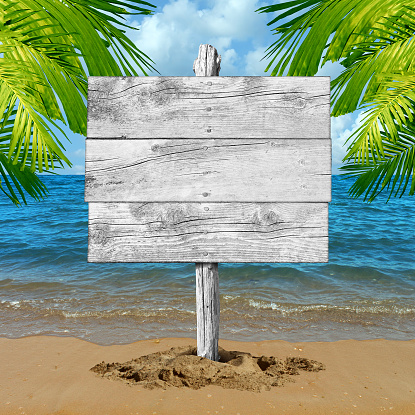 Beach wood sign and tropical vacation blank billboard background as an ocean wave on sand with palm tree leaves as a travel symbol for tourism and traveling information with copy space.