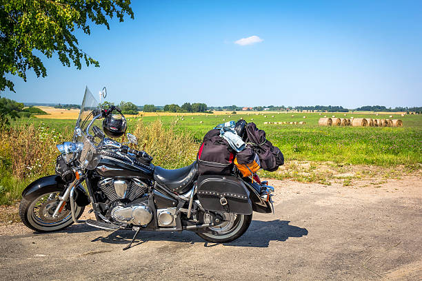 Kremenchug, Ukraine - September 22, 2018:Leather biker bag on a motorcycle close-up