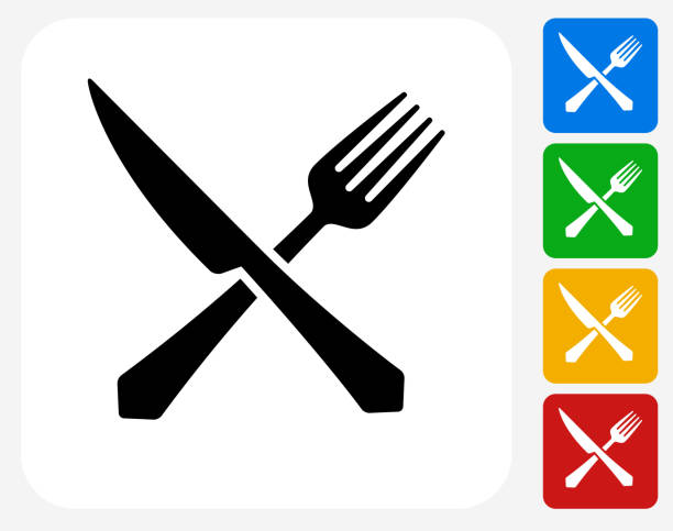 ilustrações de stock, clip art, desenhos animados e ícones de garfo e faca de ícone flat design gráfico - white background cut out food choice