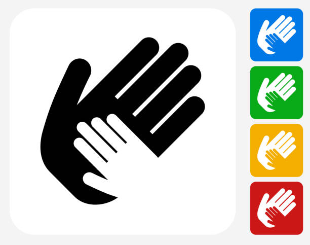Helping Child Hand Icon Flat Graphic Design Helping Child Hand Icon. This 100% royalty free vector illustration features the main icon pictured in black inside a white square. The alternative color options in blue, green, yellow and red are on the right of the icon and are arranged in a vertical column. children holding hands icon stock illustrations