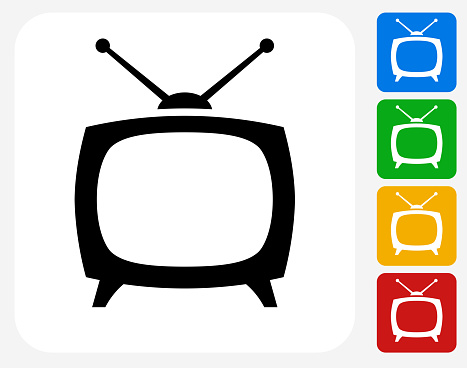TV Box Icon. This 100% royalty free vector illustration features the main icon pictured in black inside a white square. The alternative color options in blue, green, yellow and red are on the right of the icon and are arranged in a vertical column.