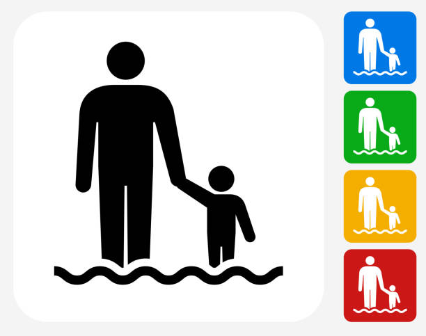 親と子供のグラフィックデザインアイコンフラット - 水につかる点のイラスト素材／クリップアート素材／マンガ素材／アイコン素材