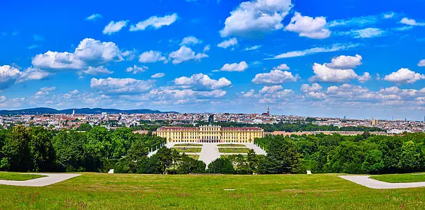 Schonbrunn palace panorama in Vienna, Austria with beautiful blue cloudy sky