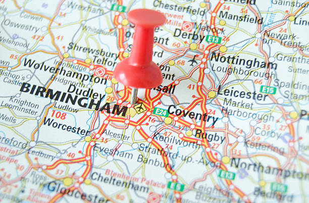 Birmingham Map Birmingham Map Marked with Pushpin west midlands photos stock pictures, royalty-free photos & images