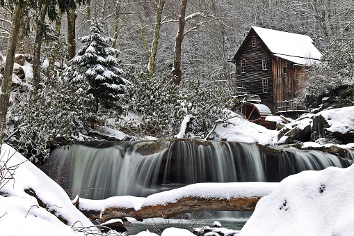 A long exposure winter shot of the Glade Creek Grist Mill in Babcock State Park, West Virginia