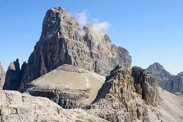 The Zwölferkofel (Italian: Croda dei Toni), 3.094 m, a peak of the Sexten Dolomites between the provinces South Tyrol and Belluno, Italy