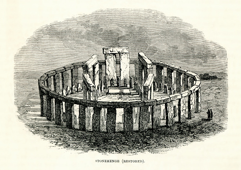 Vintage engraving of Stonehenge (Restored). Stonehenge is a prehistoric monument in Wiltshire, England. One of the most famous sites in the world, Stonehenge is the remains of a ring of standing stones set within earthworks. It is in the middle of the most dense complex of Neolithic and Bronze Age monuments in England, including several hundred burial mounds
